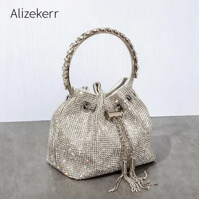 Women Chic Sparkling Crease Drawstring Hoop Rhinestone Decoration Evening Bag