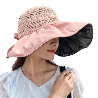 Women Summer Beach Casual Solid Color Foldable Raffia Sun Hat