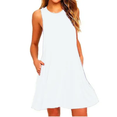 Women Summer Fashion Round Neck Sleeveless Pocket Solid Color Loose A-Line Dress