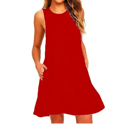 Women Summer Fashion Round Neck Sleeveless Pocket Solid Color Loose A-Line Dress