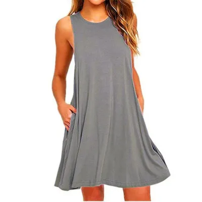 Women Summer Fashion Round Neck Sleeveless Pocket Solid Color Loose A-Line Dress
