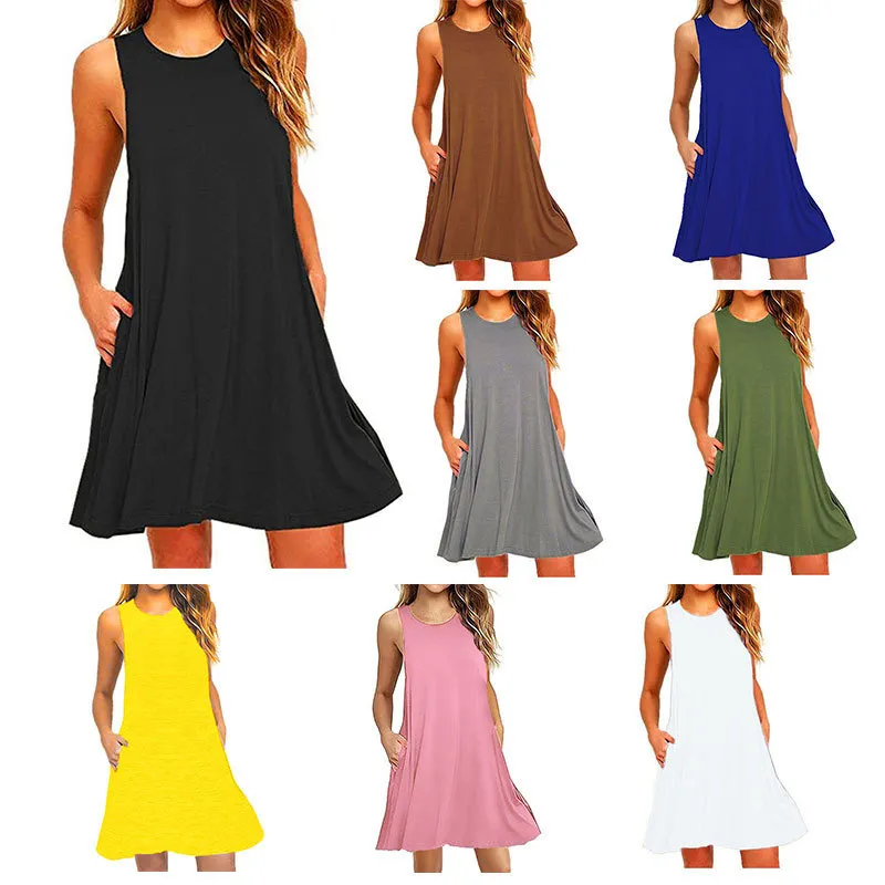 Women Summer Fashion Round Neck Sleeveless Pocket Solid Color Loose A-Line Dress