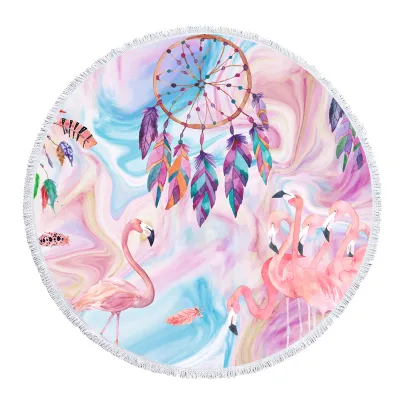 Round Shaped Summer Tropical Floral Flamingo Printed Microfiber Tassel Beach Towel