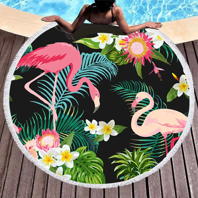 Round Shaped Summer Tropical Floral Flamingo Printed Microfiber Tassel Beach Towel