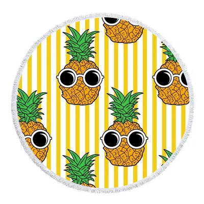 Round Shaped Summer Tropical Pineapple Printed Microfiber Tassel Beach Towel