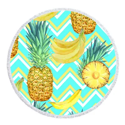 Round Shaped Summer Tropical Pineapple Printed Microfiber Tassel Beach Towel