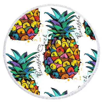 Round Shaped Summer Tropical Pineapple Printed Microfiber Tassel Beach Towel