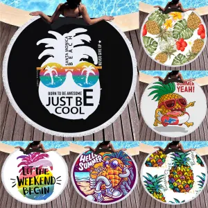 Round Shaped Summer Tropical Pineapple Printed Microfiber Tassel Beach Towel