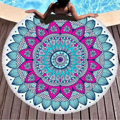 Microfiber Round Beach Towel Shawl with Heat Transfer Fringe