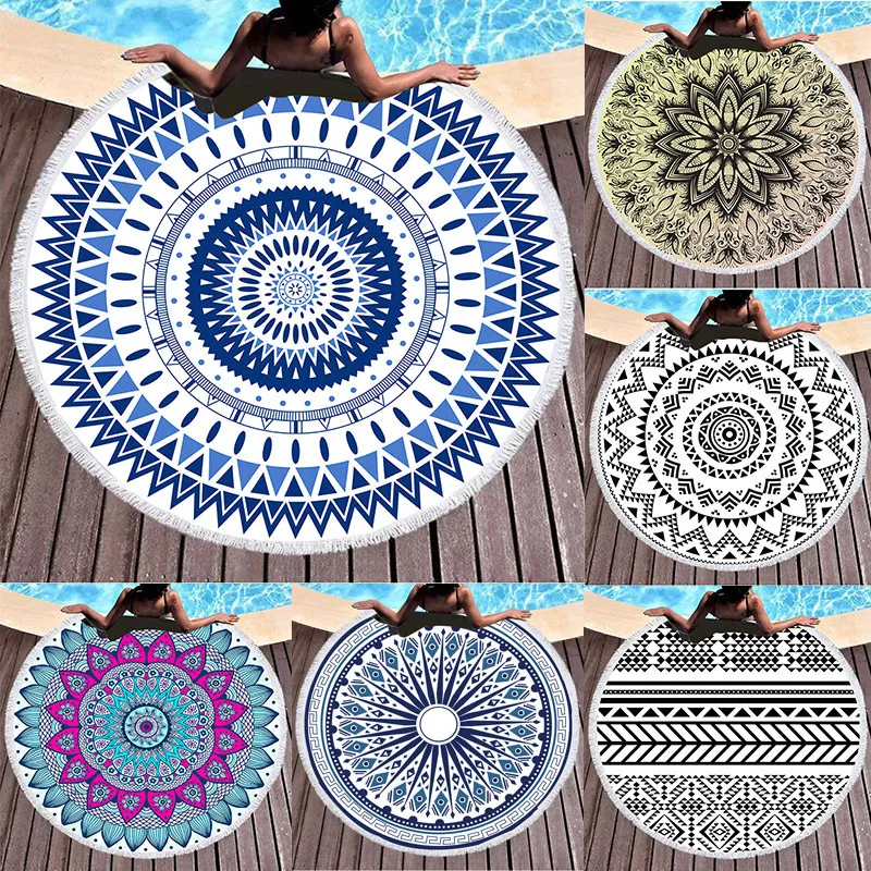 Microfiber Round Beach Towel Shawl with Heat Transfer Fringe