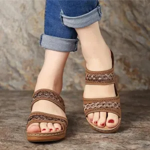 Women Vintage Casual Hollow Design Solid PU Wedge Sandals