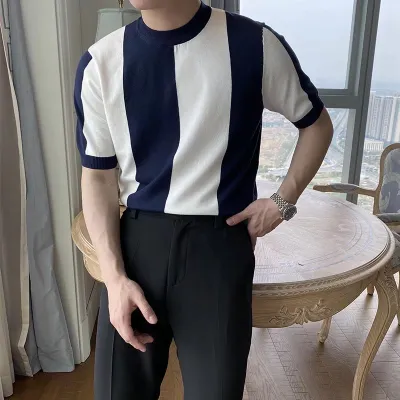Men Vintage Slim Fit Contrast Striped Knitted Short Sleeve Top