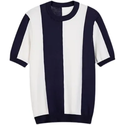 Men Vintage Slim Fit Contrast Striped Knitted Short Sleeve Top