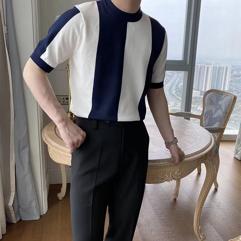 Men Vintage Slim Fit Contrast Striped Knitted Short Sleeve Top