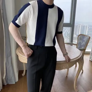 Men Vintage Slim Fit Contrast Striped Knitted Short Sleeve Top