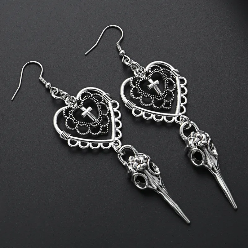 Women Gothic Cross Heart Shaped Design Drop Earrings Trendy Zinc Alloy