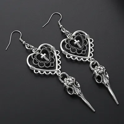 Women Gothic Cross Heart Shaped Design Drop Earrings Trendy Zinc Alloy