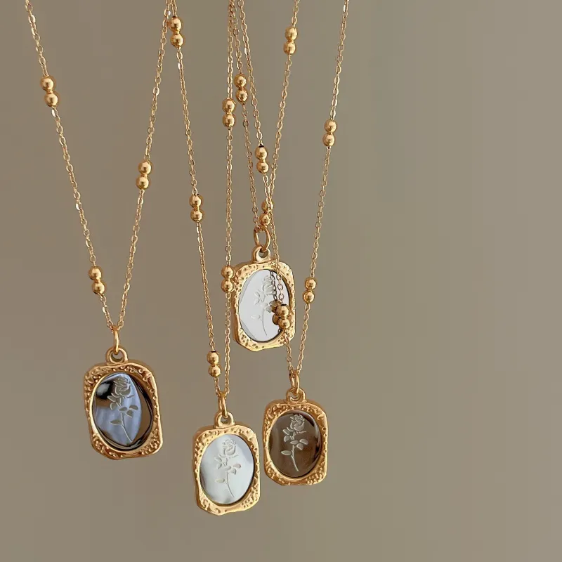 Women Vintage Rose Design Square Pendant Stainless Steel Necklace
