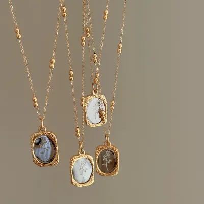 Women Vintage Rose Design Square Pendant Stainless Steel Necklace