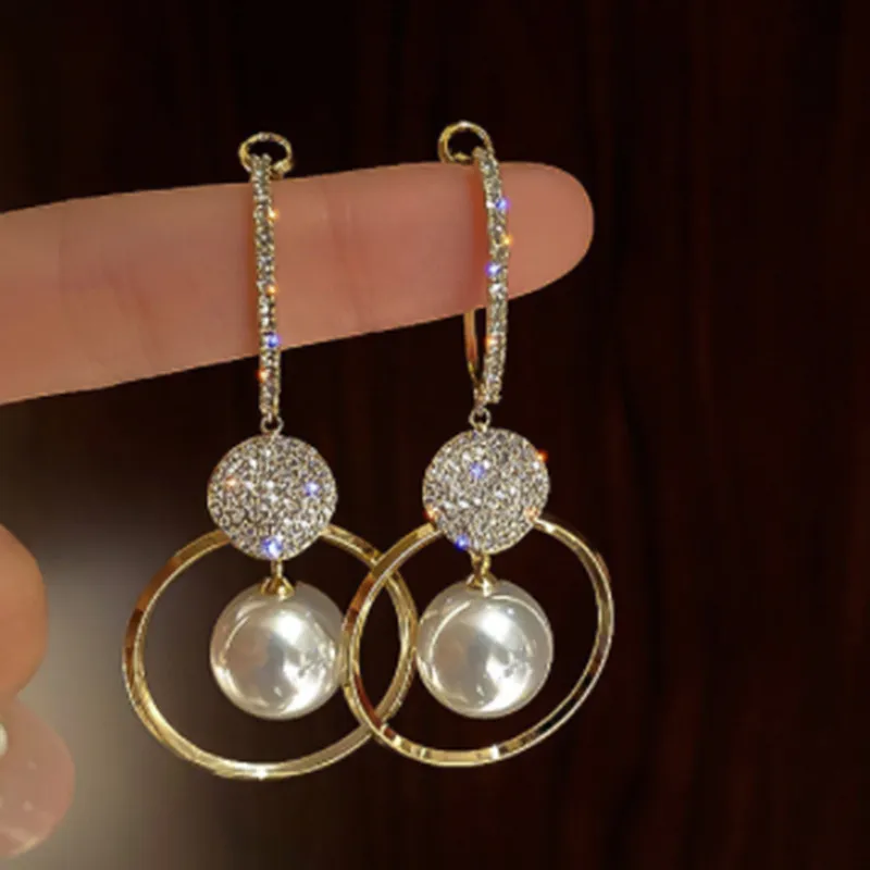 Women Elegant Rhinestone Imitation Pearl Hoop Earrings Geometric Style Alloy Jewelry