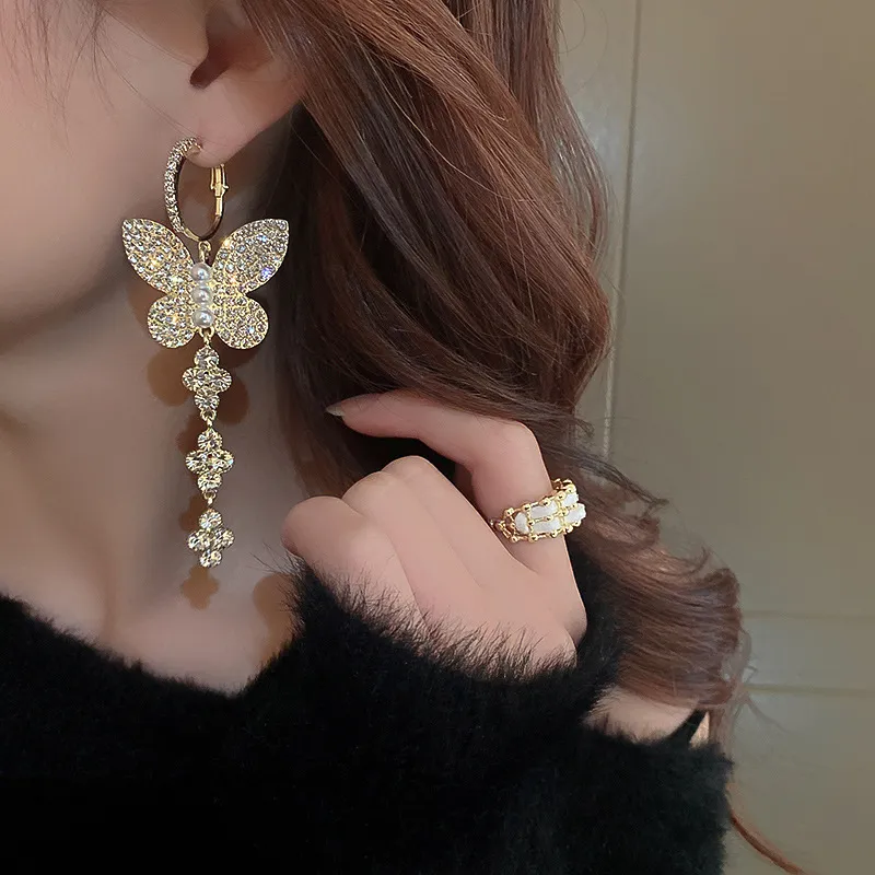 Women Elegant Rhinestone Butterfly Drop Hoop Earrings