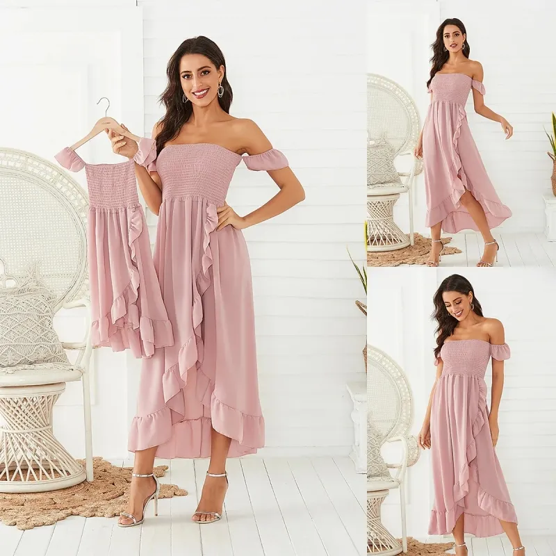 Mother Daughter Kids Girls Casual Solid Color Ruffled Off Shoulder Cotton Summer Dress