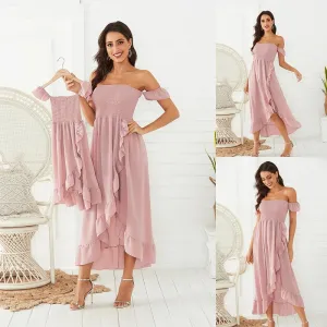 Mother Daughter Kids Girls Casual Solid Color Ruffled Off Shoulder Cotton Summer Dress