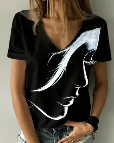 Women Casual 3D Character Printed V-Neck Loose Fit Summer T-Shirt