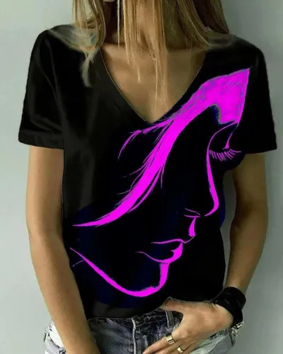 Women Casual 3D Character Printed V-Neck Loose Fit Summer T-Shirt