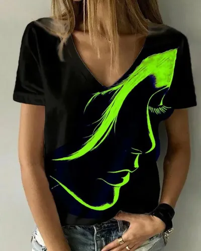 Women Casual 3D Character Printed V-Neck Loose Fit Summer T-Shirt