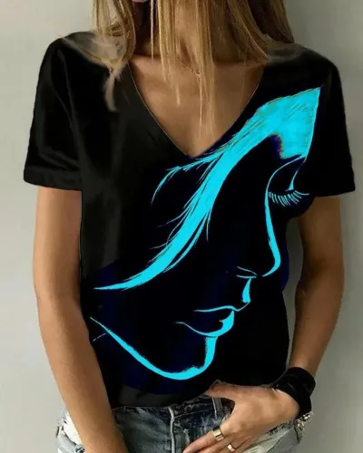 Women Casual 3D Character Printed V-Neck Loose Fit Summer T-Shirt