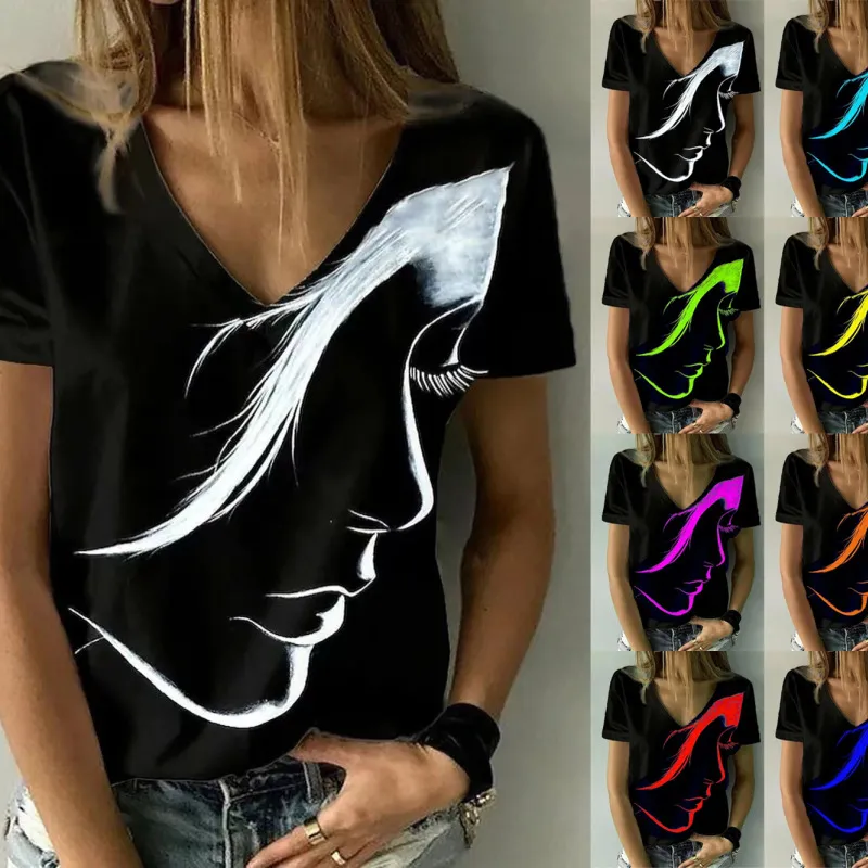 Women Casual 3D Character Printed V-Neck Loose Fit Summer T-Shirt