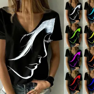 Women Casual 3D Character Printed V-Neck Loose Fit Summer T-Shirt