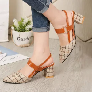 Women Casual Buckle Design Plaid Chunky Heel Sandals