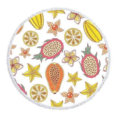 Multicolor Fruit Graphic Printing Big Round Beach Towel With Tassel Seaside Picnic Mat Shawl Towel
