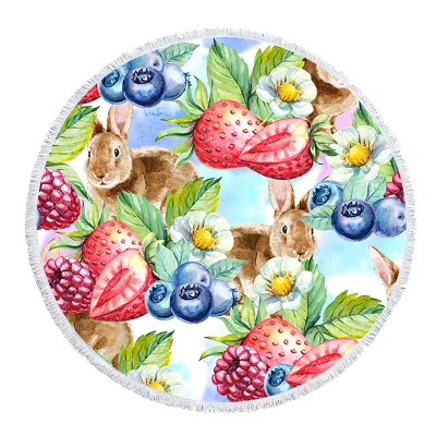 Multicolor Fruit Graphic Printing Big Round Beach Towel With Tassel Seaside Picnic Mat Shawl Towel