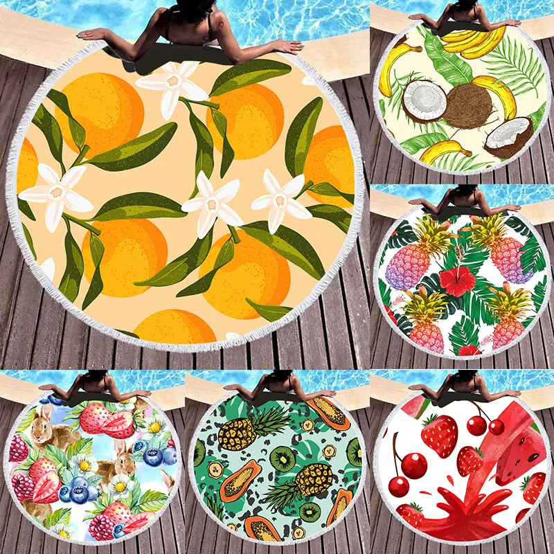 Multicolor Fruit Graphic Printing Big Round Beach Towel With Tassel Seaside Picnic Mat Shawl Towel