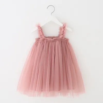 Kids Girls Cute Solid Color Mesh Fluffy Princess Slip Dress Cotton Sling