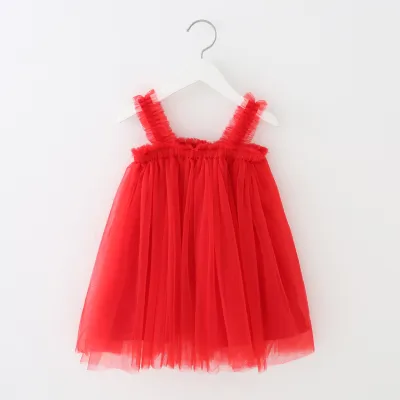 Kids Girls Cute Solid Color Mesh Fluffy Princess Slip Dress Cotton Sling