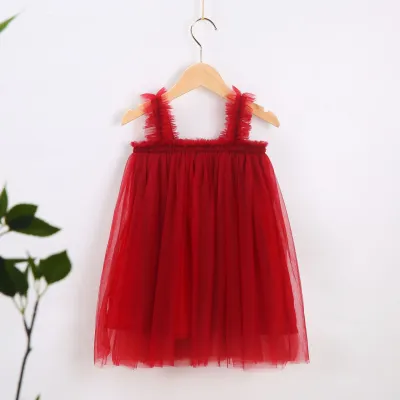 Kids Girls Cute Solid Color Mesh Fluffy Princess Slip Dress Cotton Sling