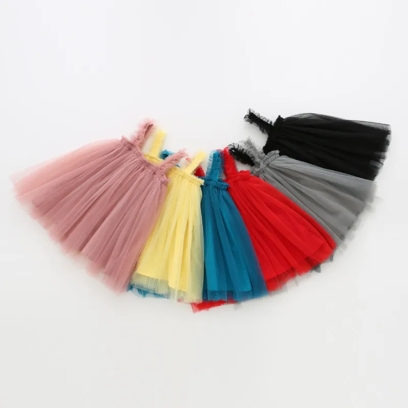 Kids Girls Cute Solid Color Mesh Fluffy Princess Slip Dress Cotton Sling