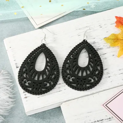 Women Vintage Bohemia Hollow Out Solid Color Wood Water Drop Drop Earrings