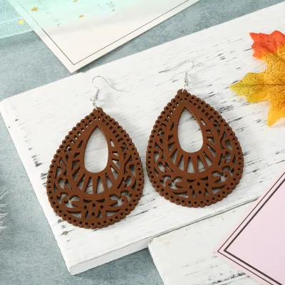 Women Vintage Bohemia Hollow Out Solid Color Wood Water Drop Drop Earrings
