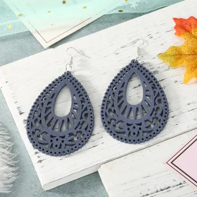 Women Vintage Bohemia Hollow Out Solid Color Wood Water Drop Drop Earrings
