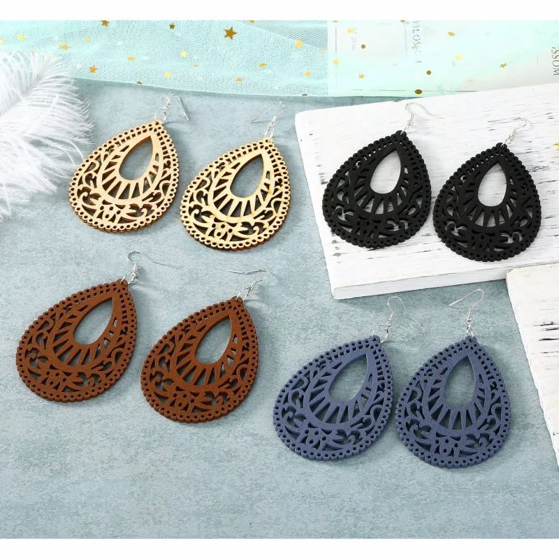 Women Vintage Bohemia Hollow Out Solid Color Wood Water Drop Drop Earrings