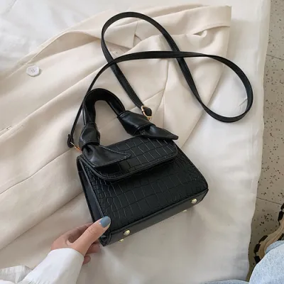 Women Fashion Knot Design Flap Solid Color Crocodile Pattern PU Crossbody Bag