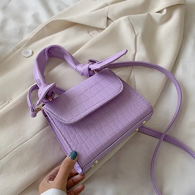 Women Fashion Knot Design Flap Solid Color Crocodile Pattern PU Crossbody Bag