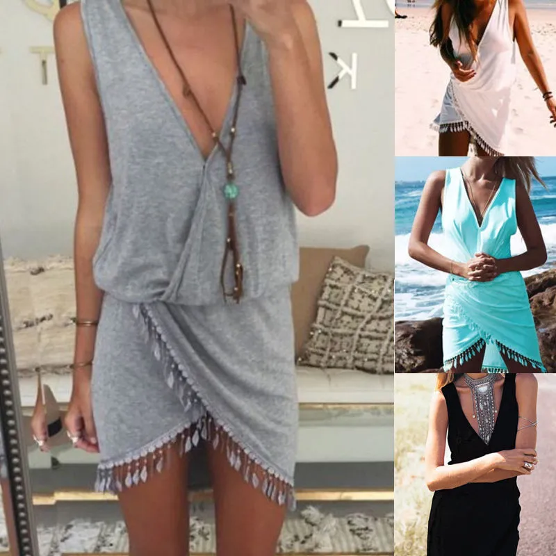 Women Casual V Neck Beach Tassel Solid Color Sleeveless Summer Dress
