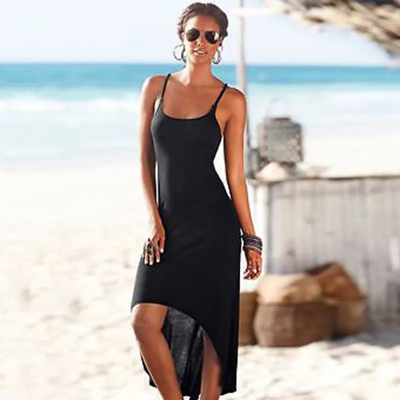 Women Sleeveless Summer Bohemian Solid Color Irregular Hem Backless Beach Dress