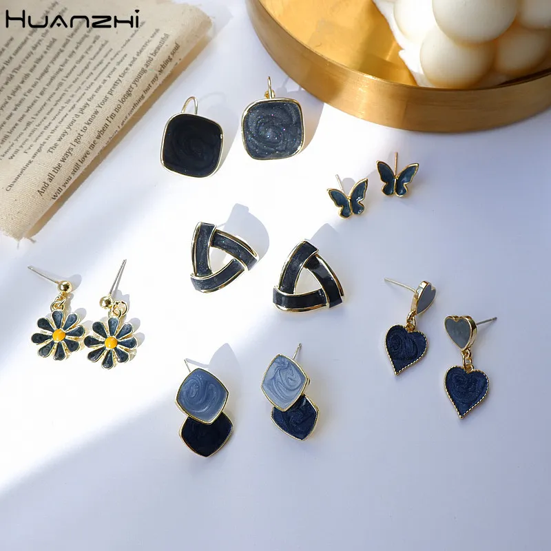Women Chic Gray Blue Geometric Flower Shaped Stud Earrings